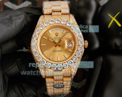 Iced out Gold Rolex Oyster Perpetual Day Date Replica Watch Yellow Gold Dial